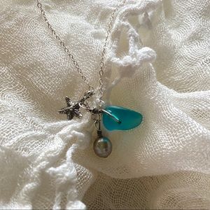 Sterling Silver Blue Sea Glass Choker Necklace EUC